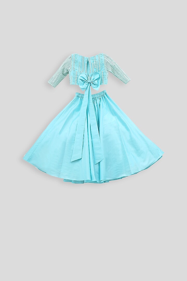 Light Blue Embroidered Blouse With Pleated Skirt For Girls by PWN at Pernia's Pop Up Shop