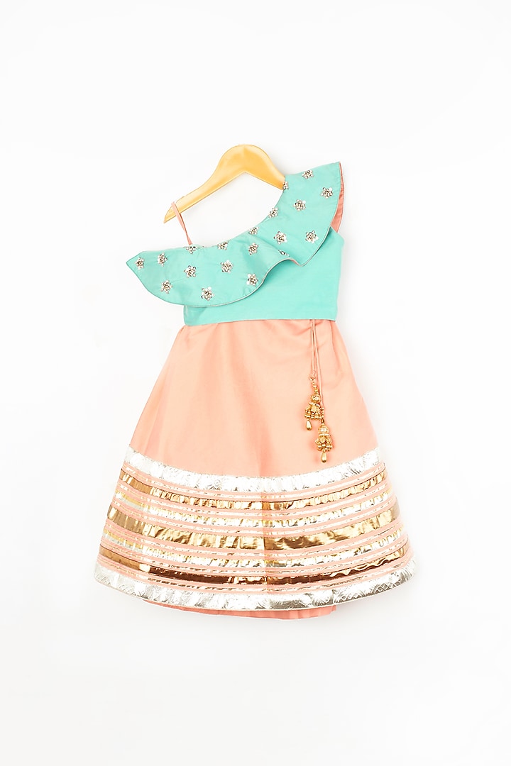 Peach & Teal Blue Skirt Set For Girls by PWN