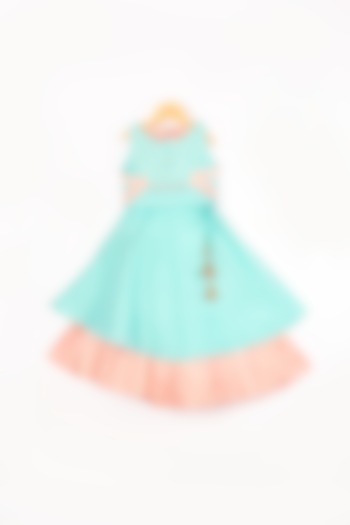 Powder Blue & Peach Taffeta Skirt Set For Girls by PWN