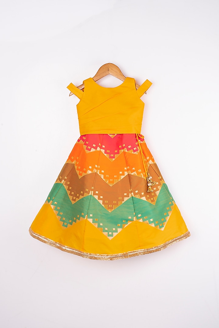 Citrus Yellow Zig-Zag Printed Skirt Set For Girls by Pwn