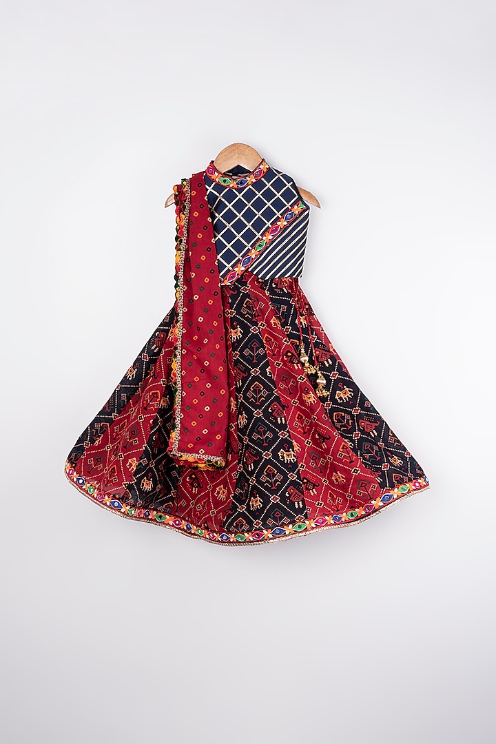 Red & Blue Cotton Lehenga Set For Girls by Pwn at Pernia's Pop Up Shop