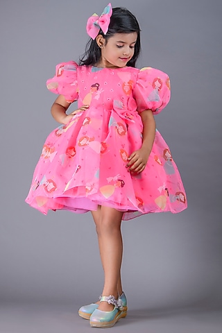 Pink Organza Printed Dress For Girls by Pixiethreads