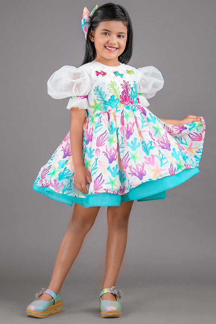 White Organza Printed Dress For Girls by Pixiethreads
