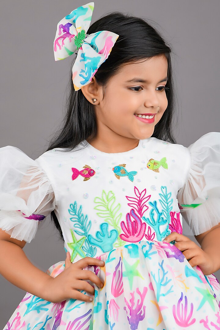 White Organza Printed Dress For Girls by Pixiethreads at Pernia's Pop Up Shop