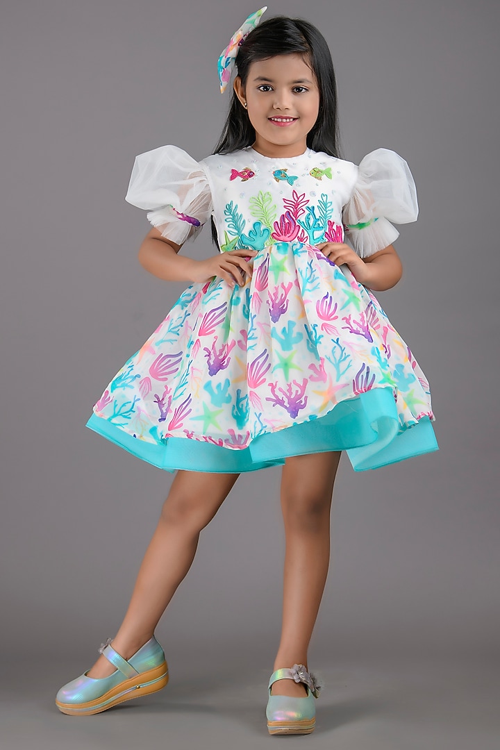 White Organza Printed Dress For Girls by Pixiethreads at Pernia's Pop Up Shop