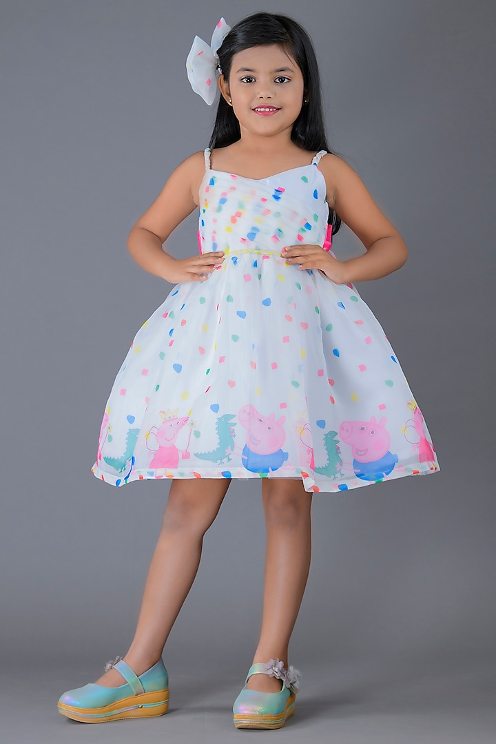 White Organza Printed Dress For Girls by Pixiethreads