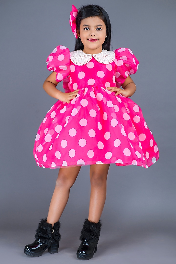 Pink Organza Printed Dress For Girls by Pixiethreads