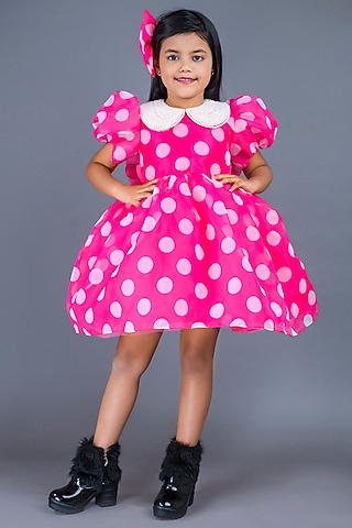 Pink Organza Printed Dress For Girls by Pixiethreads