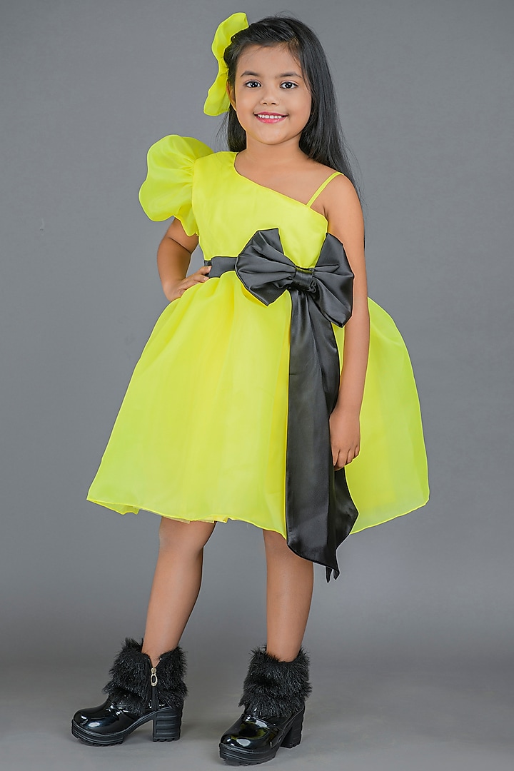 Neon Yellow Organza Dress For Girls by Pixiethreads