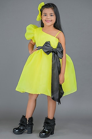 Neon Yellow Organza Dress For Girls by Pixiethreads