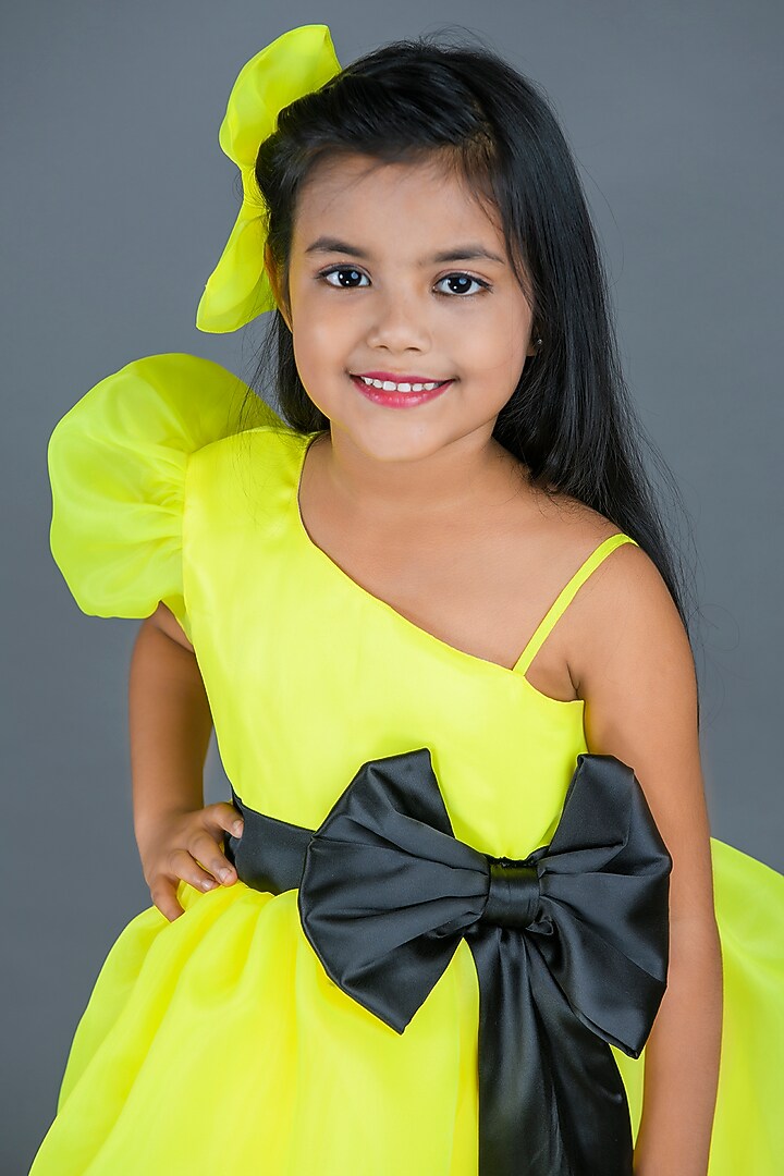 Neon Yellow Organza Dress For Girls by Pixiethreads at Pernia's Pop Up Shop