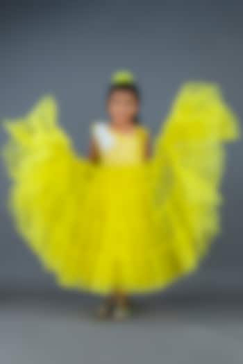 Yellow Premium Satin & Net Layered Gown For Girls by Pixiethreads
