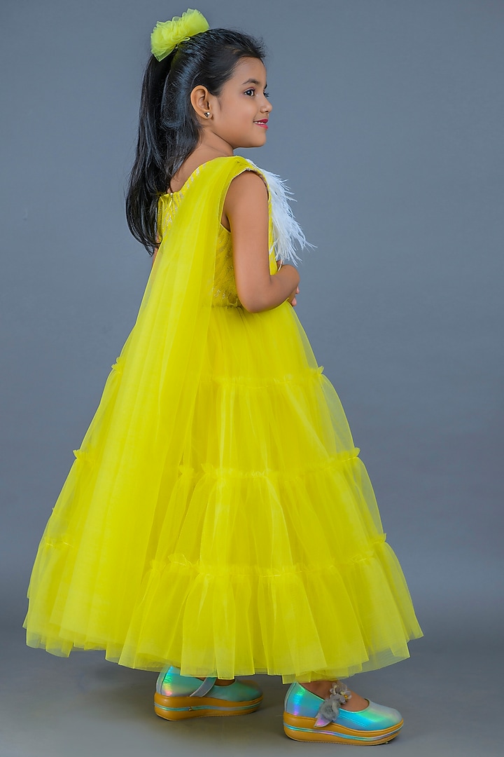 Yellow Premium Satin & Net Layered Gown For Girls by Pixiethreads at Pernia's Pop Up Shop