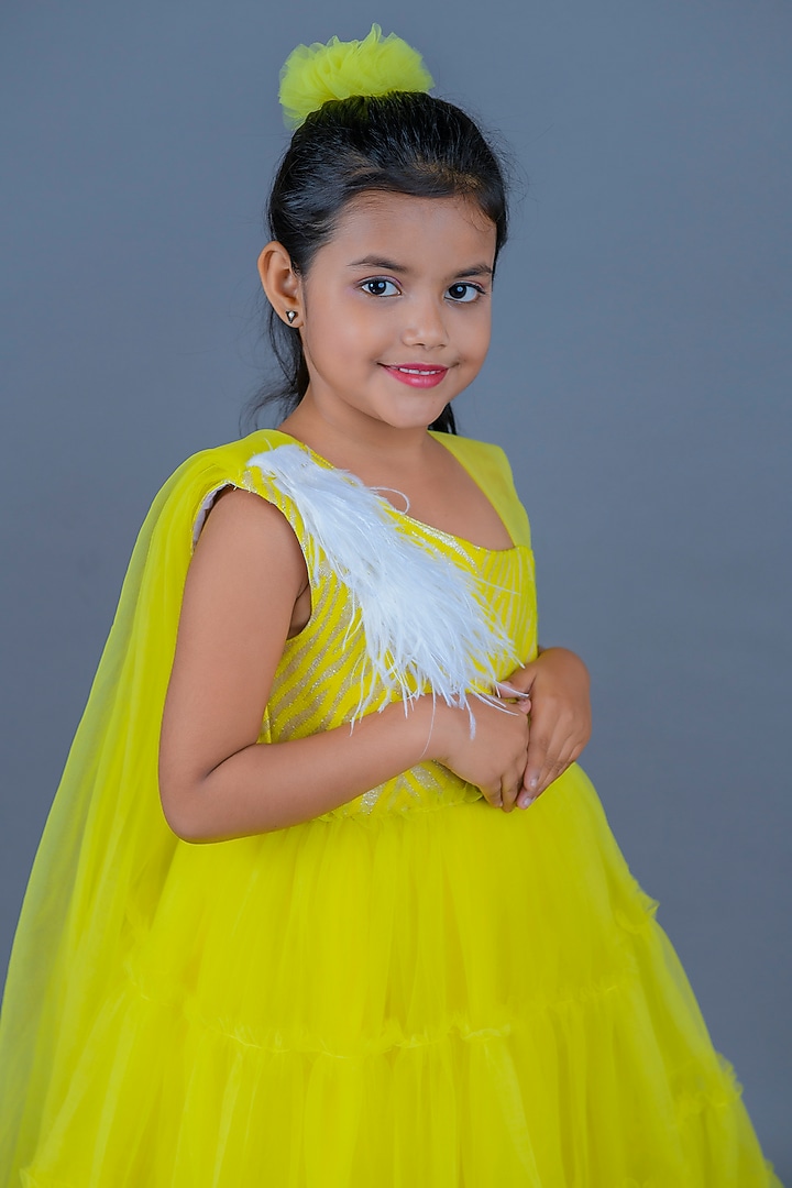 Yellow Premium Satin & Net Layered Gown For Girls by Pixiethreads at Pernia's Pop Up Shop