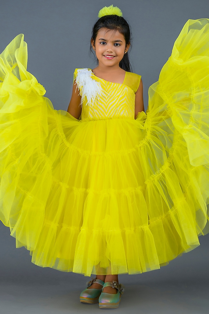 Yellow Premium Satin & Net Layered Gown For Girls by Pixiethreads at Pernia's Pop Up Shop