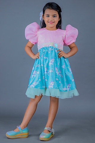 Pink & Sage Green Organza Printed Dress For Girls by Pixiethreads