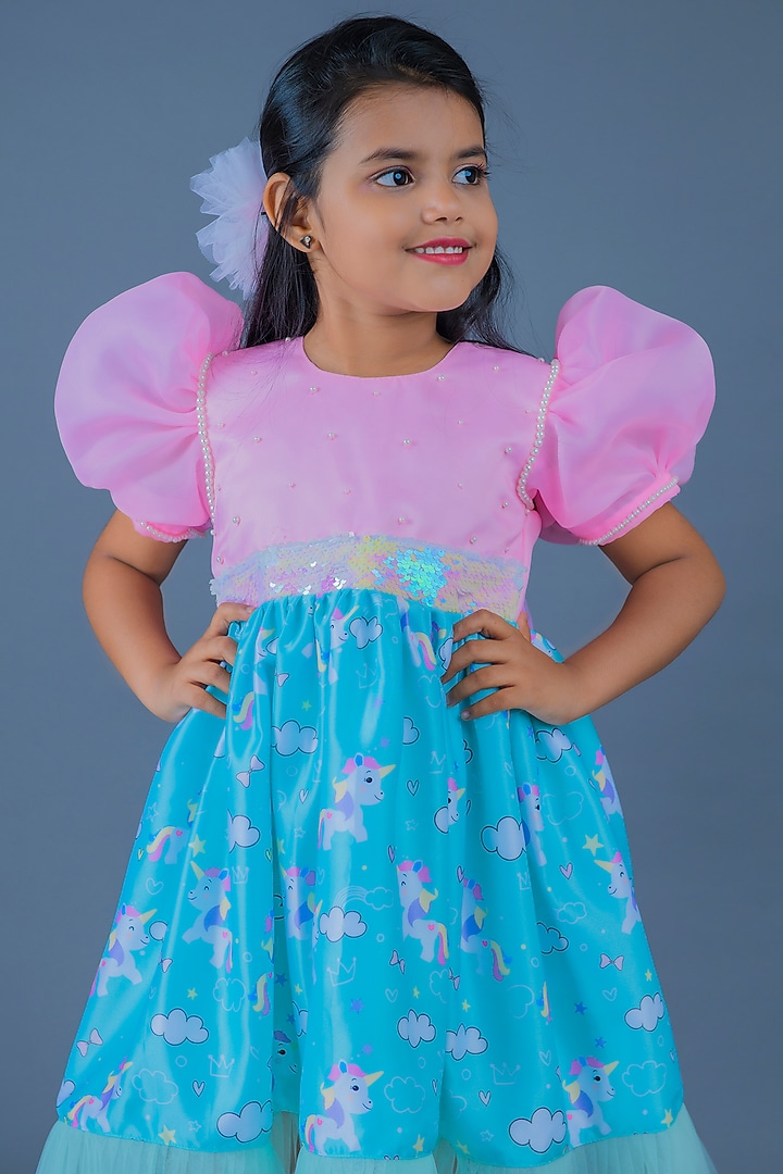 Pink & Sage Green Organza Printed Dress For Girls by Pixiethreads at Pernia's Pop Up Shop