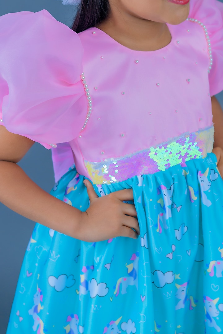 Pink & Sage Green Organza Printed Dress For Girls by Pixiethreads at Pernia's Pop Up Shop