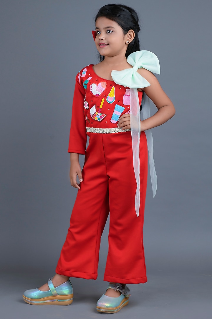 Red Scuba Jumpsuit For Girls by Pixiethreads