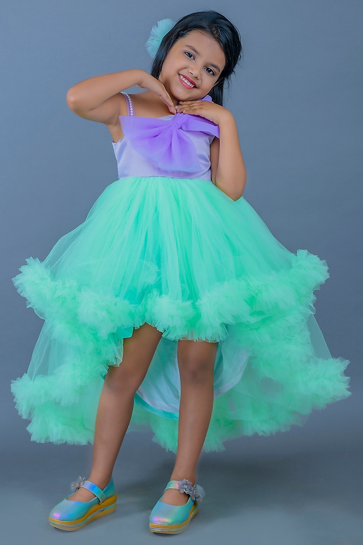 Purple & Sea Green Cotton Satin High-Low Dress For Girls by Pixiethreads