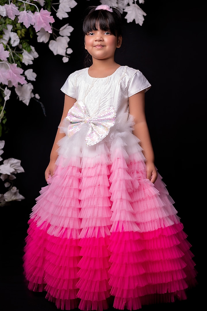 Pink & White Satin Gown For Girls by Pixiethreads