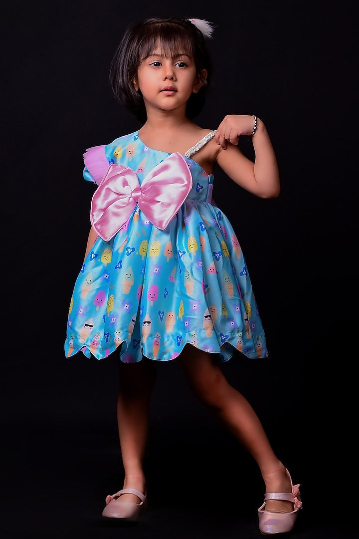 Blue Printed Frock For Girls by Pixiethreads