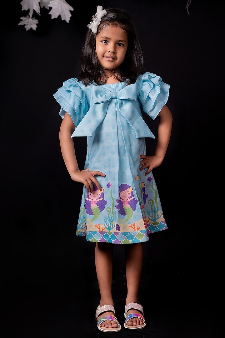 Light Blue Printed Frock For Girls by Pixiethreads