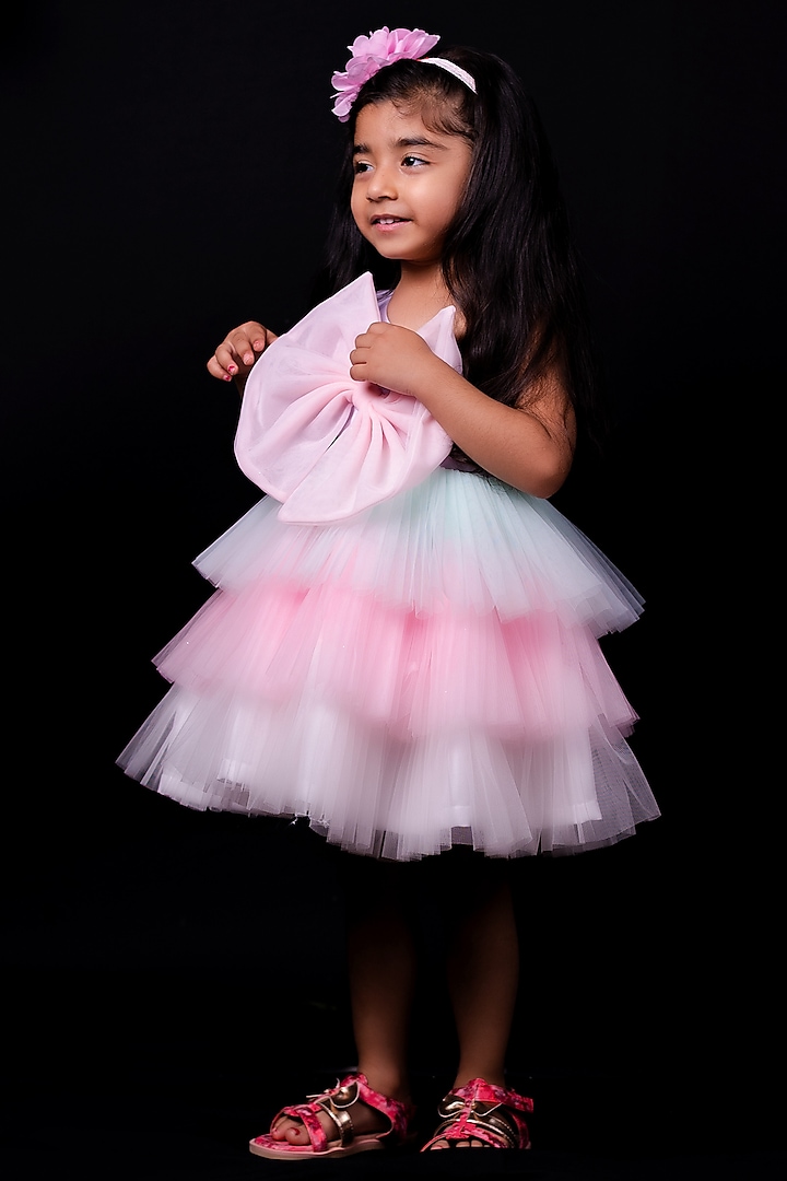 White & Pink Satin Frock For Girls by Pixiethreads