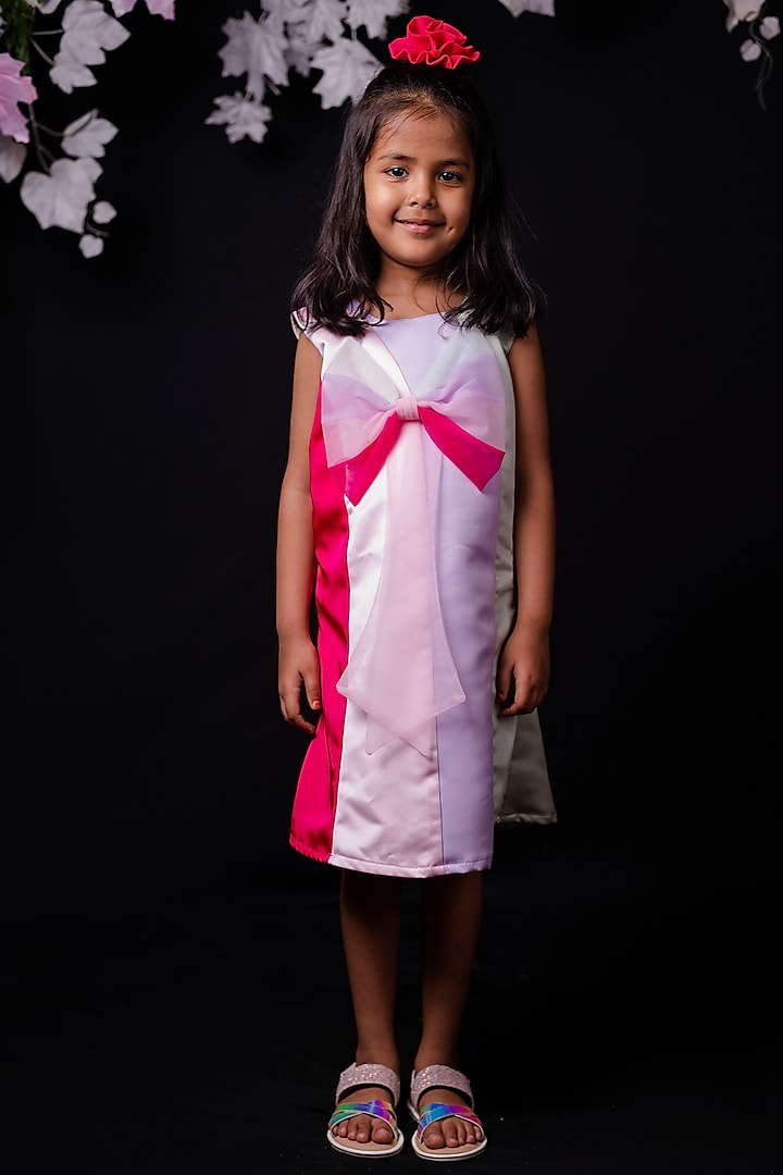 White & Pink Frock In Satin For Girls by Pixiethreads