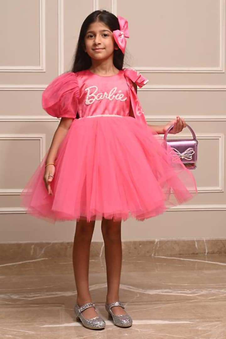 Pink Premium Satin & Net Flared Dress For Girls by Pixiethreads at Pernia's Pop Up Shop