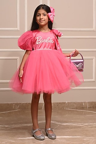 Pink Premium Satin & Net Flared Dress For Girls by Pixiethreads