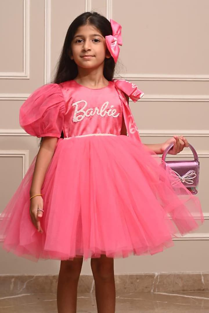 Pink Premium Satin & Net Flared Dress For Girls by Pixiethreads at Pernia's Pop Up Shop