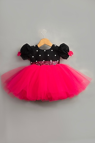 Pink Premium Satin & Net Flared Dress For Girls by Pixiethreads