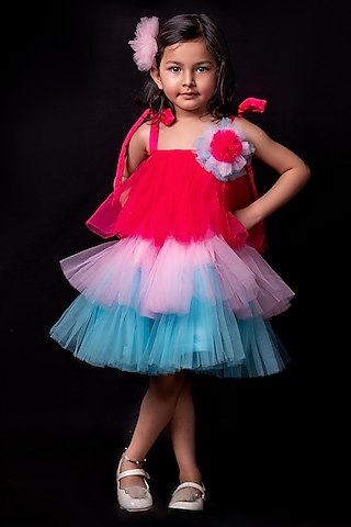Multi-Colored Premium Satin & Net Candy Floss Flared Dress For Girls by Pixiethreads