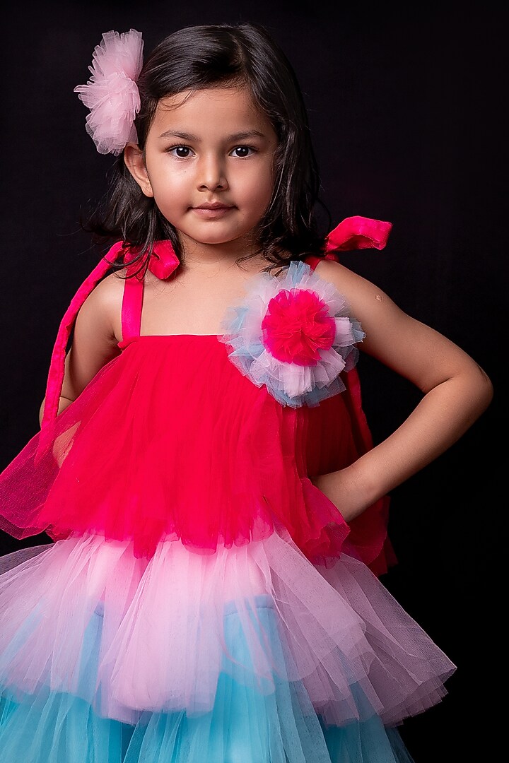 Multi-Colored Premium Satin & Net Candy Floss Flared Dress For Girls by Pixiethreads at Pernia's Pop Up Shop