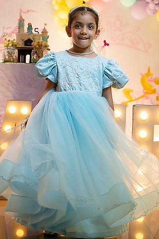 Blue Premium Satin & Net Cinderella Flared Dress For Girls by Pixiethreads