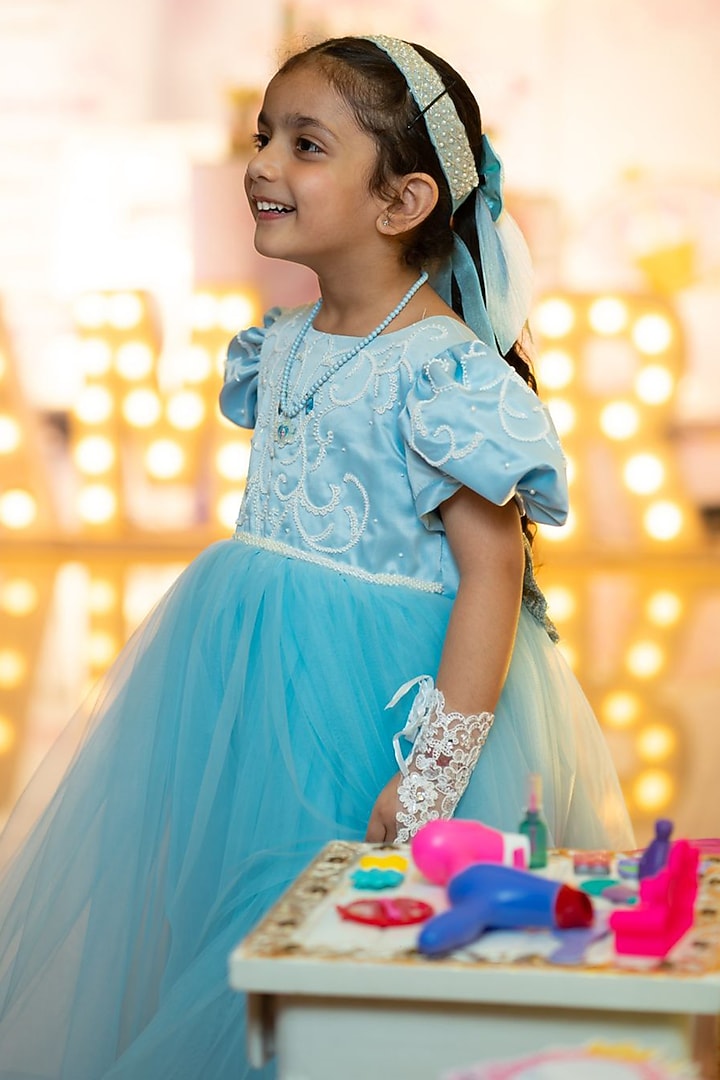 Blue Premium Satin & Net Cinderella Flared Dress For Girls by Pixiethreads at Pernia's Pop Up Shop