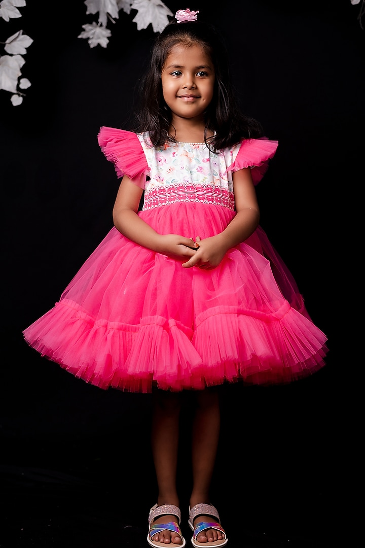 Pink & White Premium Satin & Net Flared Dress For Girls by Pixiethreads at Pernia's Pop Up Shop