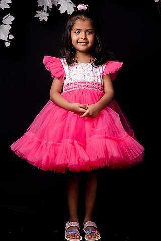 Pink & White Premium Satin & Net Flared Dress For Girls by Pixiethreads