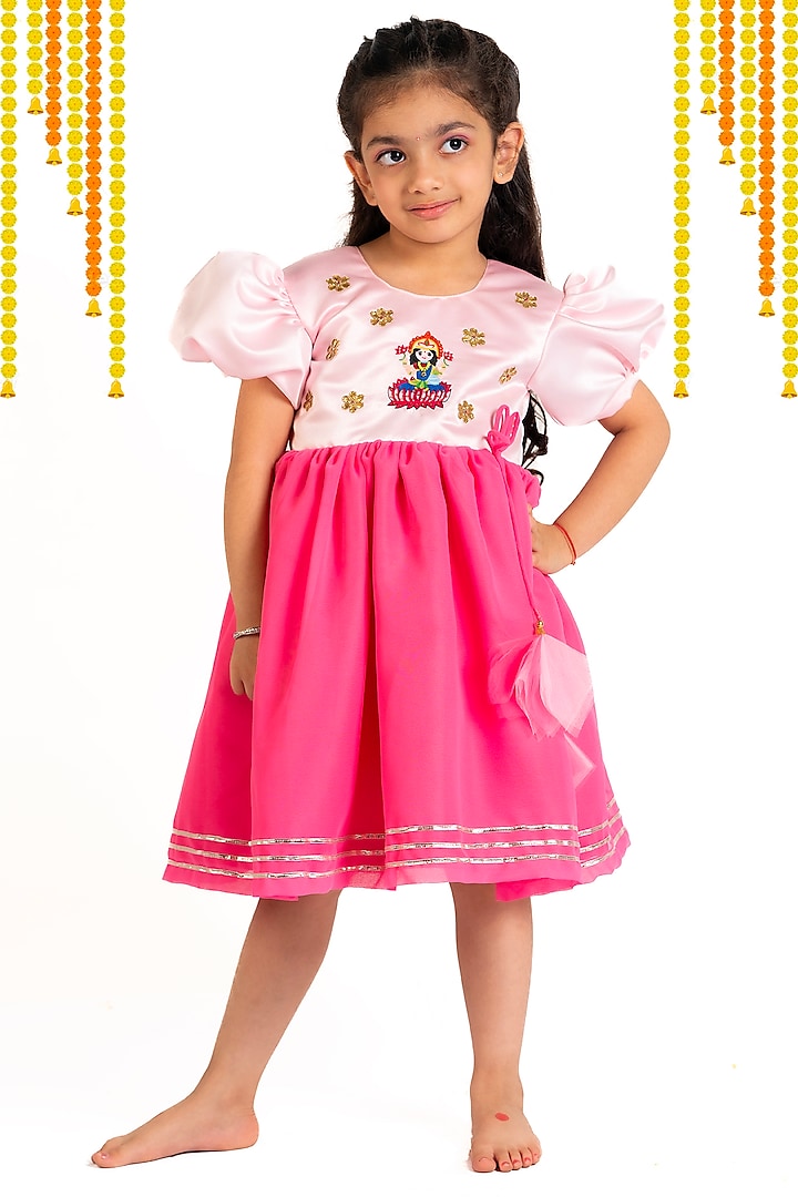 Pink Premium Satin & Georgette Flared Dress For Girls by Pixiethreads at Pernia's Pop Up Shop