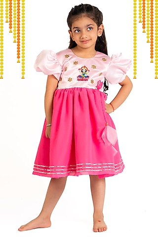 Pink Premium Satin & Georgette Flared Dress For Girls by Pixiethreads
