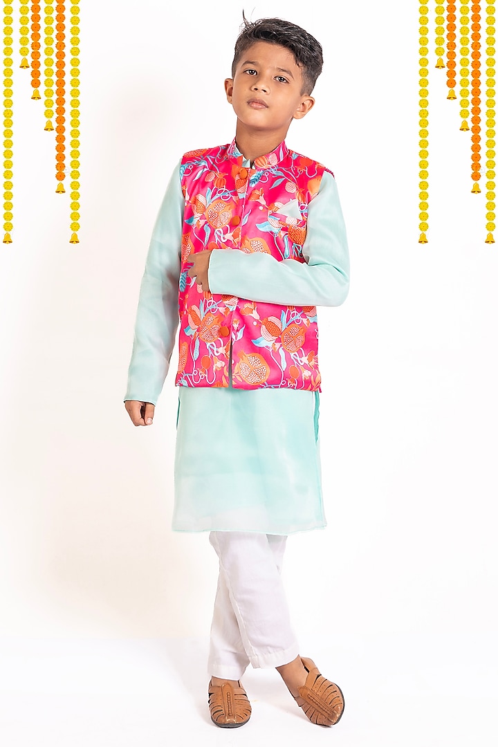 Pink Organza & Silk Nehru Jacket Set For Boys by Pixiethreads