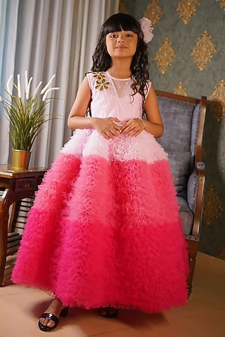Pink Premium Satin & Net Flared Dress For Girls by Pixiethreads