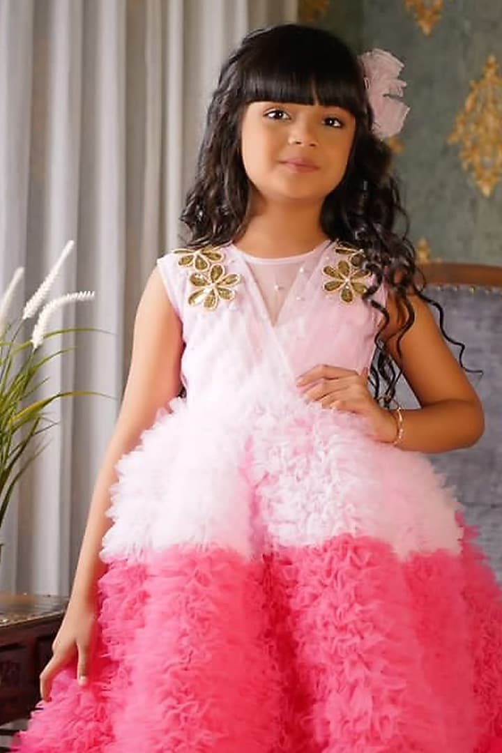 Pink Premium Satin & Net Flared Dress For Girls by Pixiethreads at Pernia's Pop Up Shop