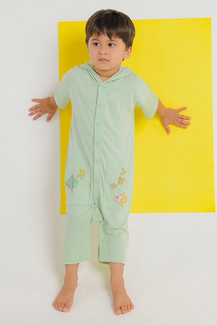 Green Lyocell Tencel Printed Romper For Kids by Pixie at Pernia's Pop Up Shop