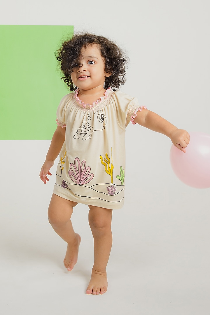 Off-White Lyocell Tencel Printed Dress For Girls by Pixie at Pernia's Pop Up Shop