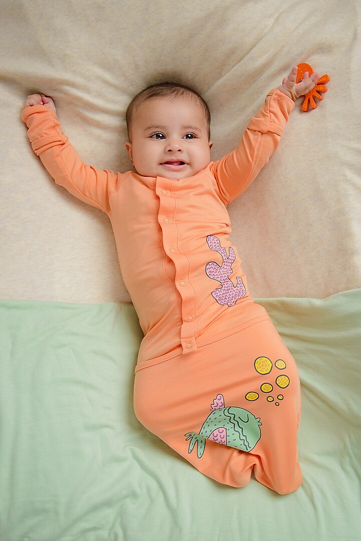 Peach Lyocell Tencel Printed Romper For Kids by Pixie at Pernia's Pop Up Shop