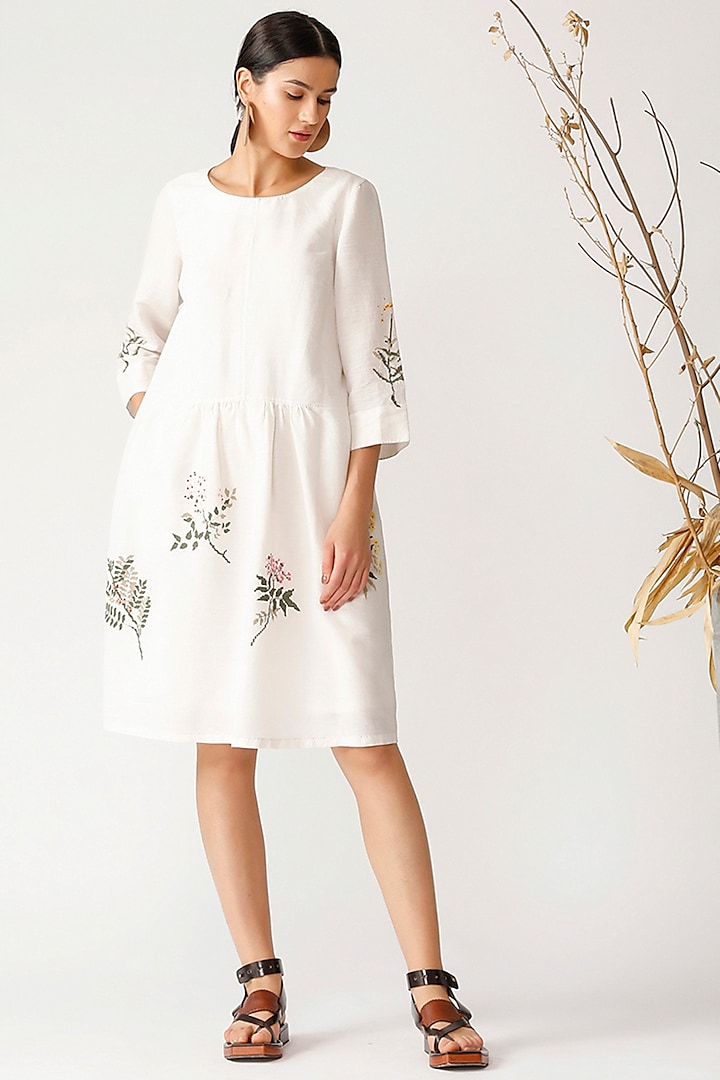 White Cross Stitch Embroidered Dress by Payal Pratap