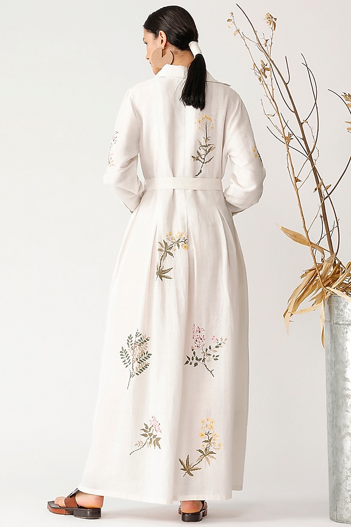 White Linen Twig Embroidered Maxi Vacation Dress by Payal Pratap at Pernia's Pop Up Shop