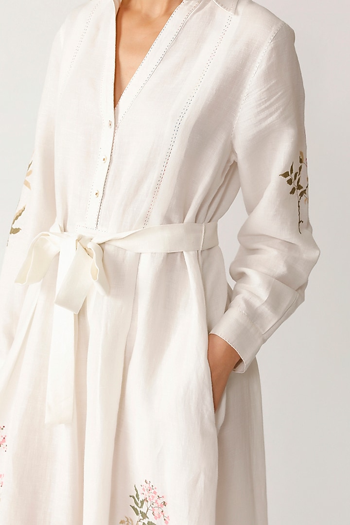 White Linen Twig Embroidered Maxi Vacation Dress by Payal Pratap at Pernia's Pop Up Shop